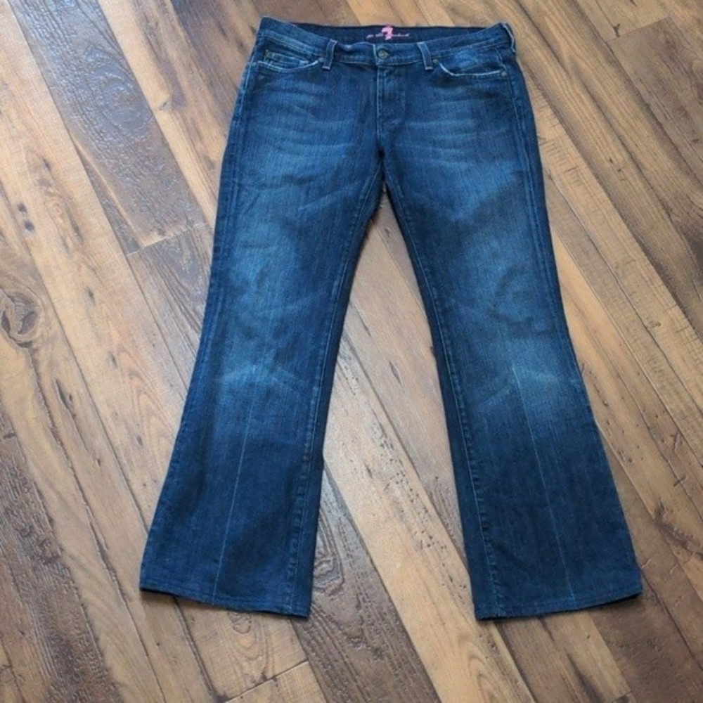 7 for all Mankind dark wash pink flare jeans